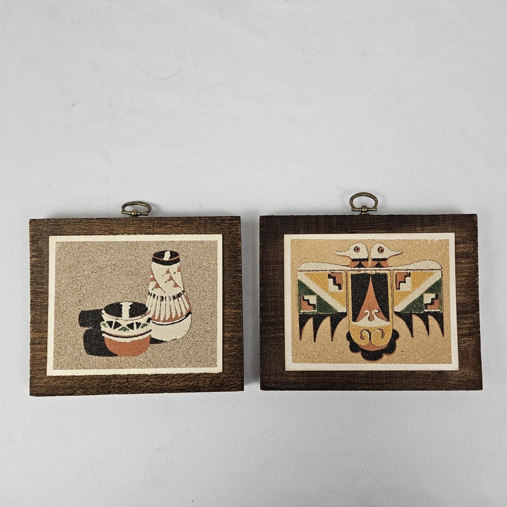 Vintage Sand Art Wall Decor Painting Pair Native American Thunderbird Pottery